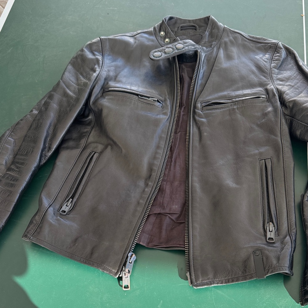 Karl Lagerfeld Black Leather Moto Jacket with Snap Collar